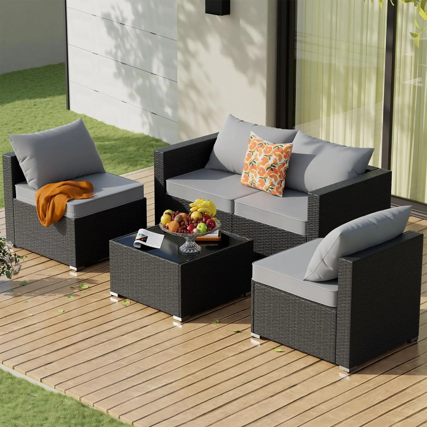 

5 Piece Outdoor Patio Conversation Set All Day Sofa Hand Woven Wicker Rattan Modular Sofa with Cushions and Glass Table，gray