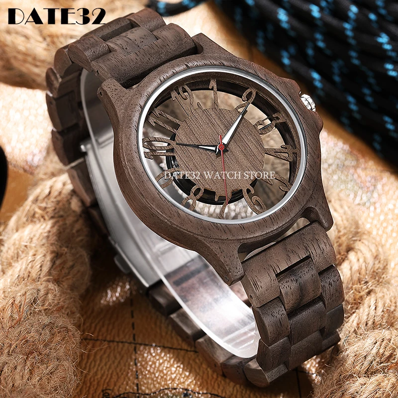 Natural Bamboo Wood Watch for Men Full-Wooden Hollow Case Band Watches Man Quartz Wristwatch Real Wooden Men Clock Male Reloj