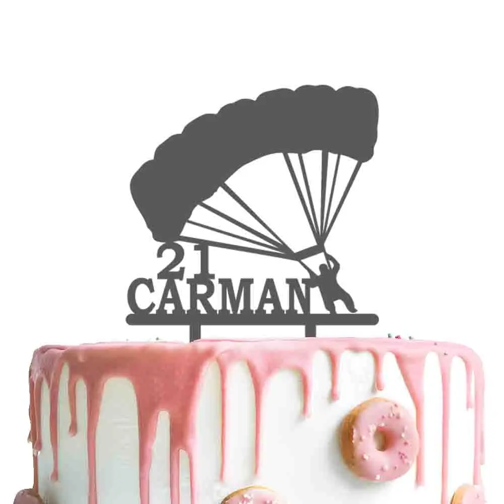 

Пользовательское имя, экстремальный спорт, прыгающий парашют, силуэт, топпер для торта для любителей парашютирования, украшение для торта на день рождения YC259