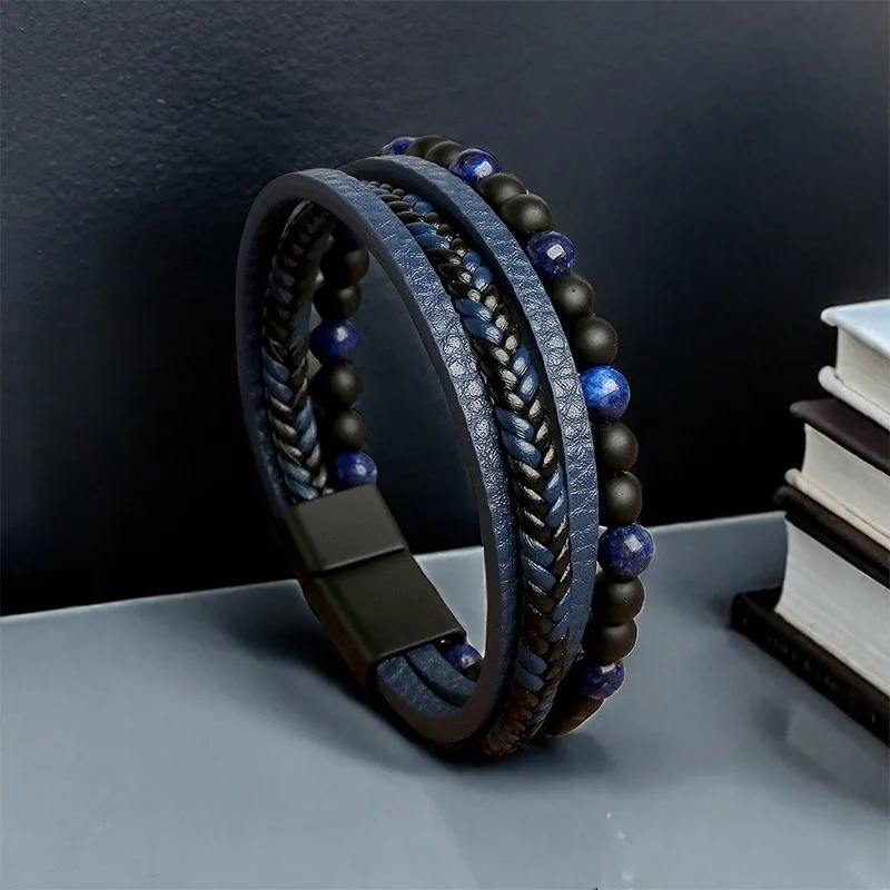 Multi Layer Leather Hand Woven Bracelet European and American Vintage Style Bangle Patchwork Magnetic Clasp Bracelet for Men