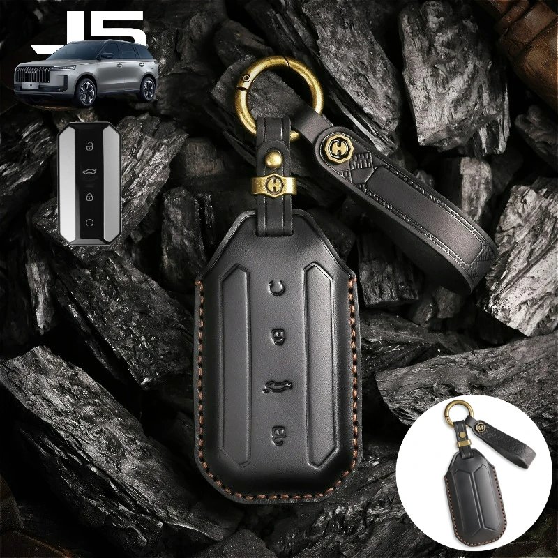 Echt Koe Lederen Auto Afstandsbediening Smart Key Fob Case Cover Tas Keten Houder Knoppen Protector Sleutelhanger Voor Jaecoo 5 J5 EV 2025 2026