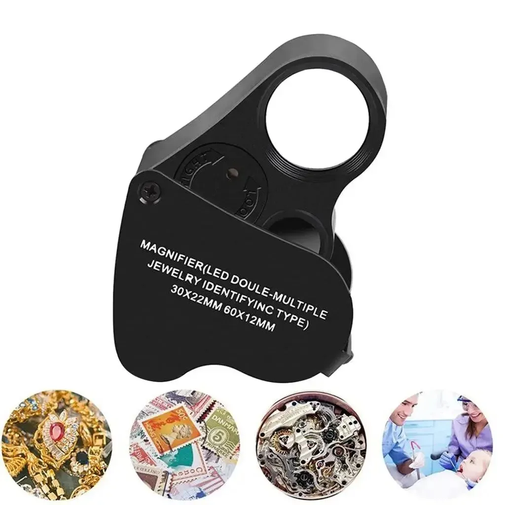 LED Illuminated 30X 60X Foldable Jeweler's Loupe Magnifier For Jewelry Coins Stamps Gems