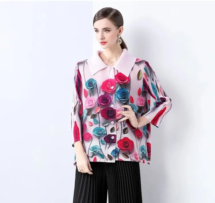 

Gorgeous 3D Rose Flower Printed Miyake Pleated Shirts Women O-Neck Batwing Sleeve Fashion All-match Casual Loose Chiffon Tops