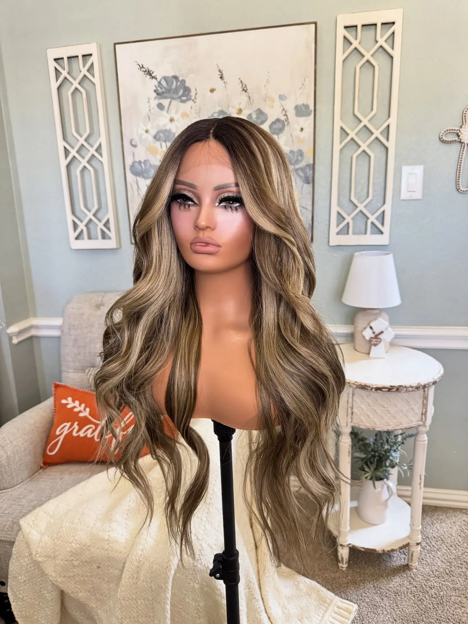 Ombre Chocolate Brown With Blonde Streaks Hair Lace Front Wig High Quality Synthetic Wigs Long Natural Pre Plucked Hairline Hair