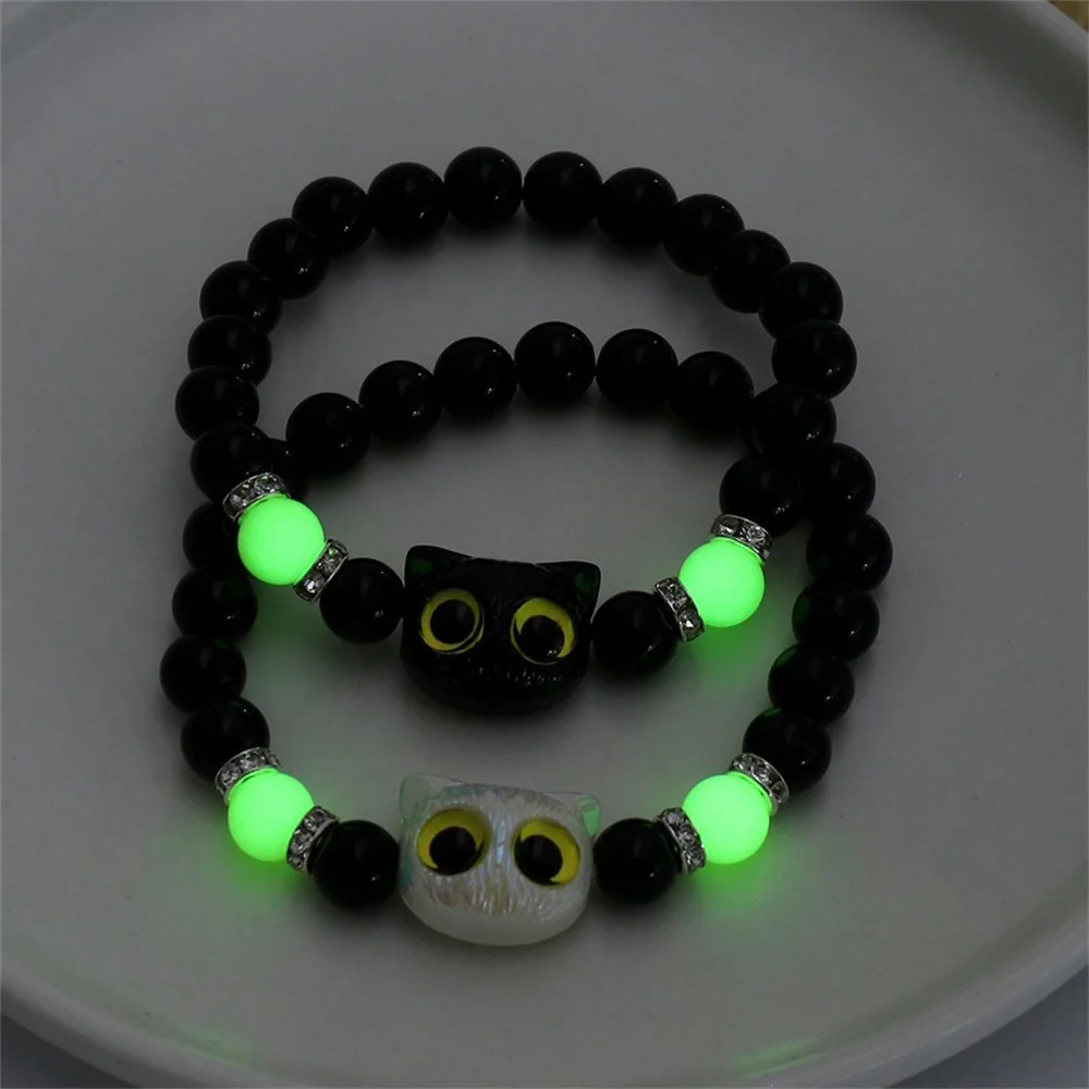 Matching Bracelets Couples Women Men Luminous Cute Cat Friendship Bracelete Black White Cat Head Bangles Glow In The Dark Gift