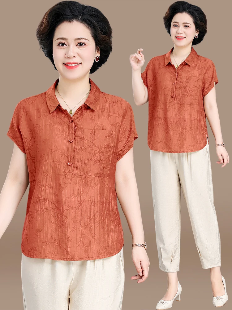 

Модный летний комплект из хлопка и льна для мам среднего и пожилого возраста: стильная и модная рубашка с коротким рукавом и топ.