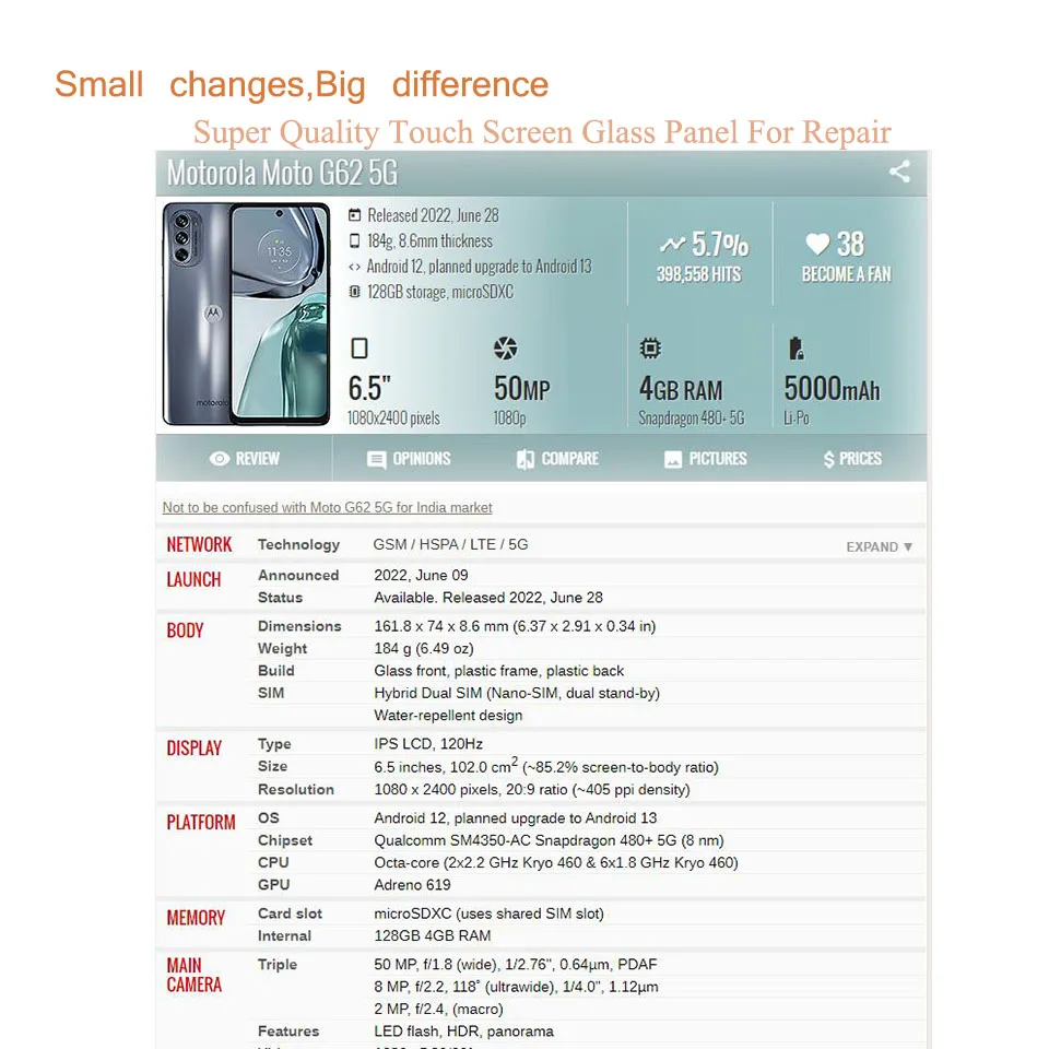 10 قطعة/الوحدة لموتورولا موتو G22 G32 G42 G52 G62 5 جرام شاشة اللمس الجبهة الخارجي زجاج لوحة LCD عدسة مع OCA استبدال
