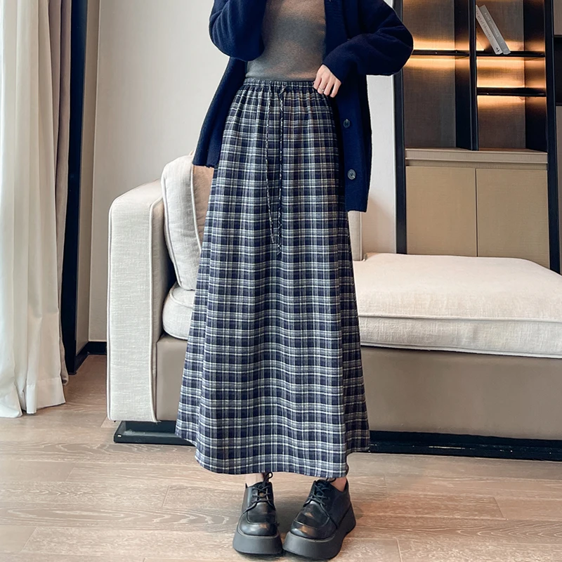 Dames geruite midi-rok Retro herfst hoge taille trekkoord Casual A-lijn halflange paraplurok