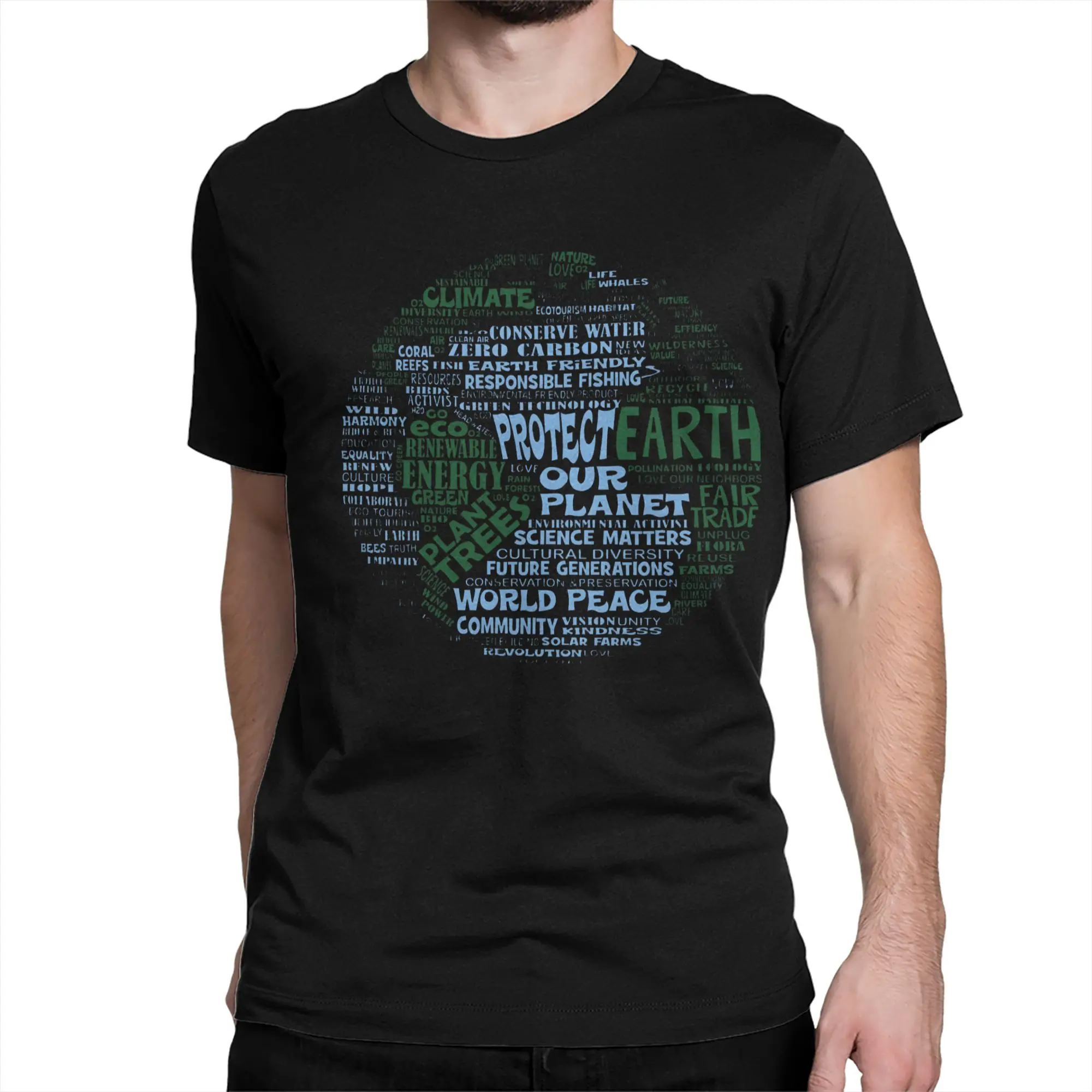 Save Earth - Protect Earth - Word Cloud T Shirts Men Women's Pure Cotton Novelty T-Shirts O Neck  Tees Short Sleeve Clothes