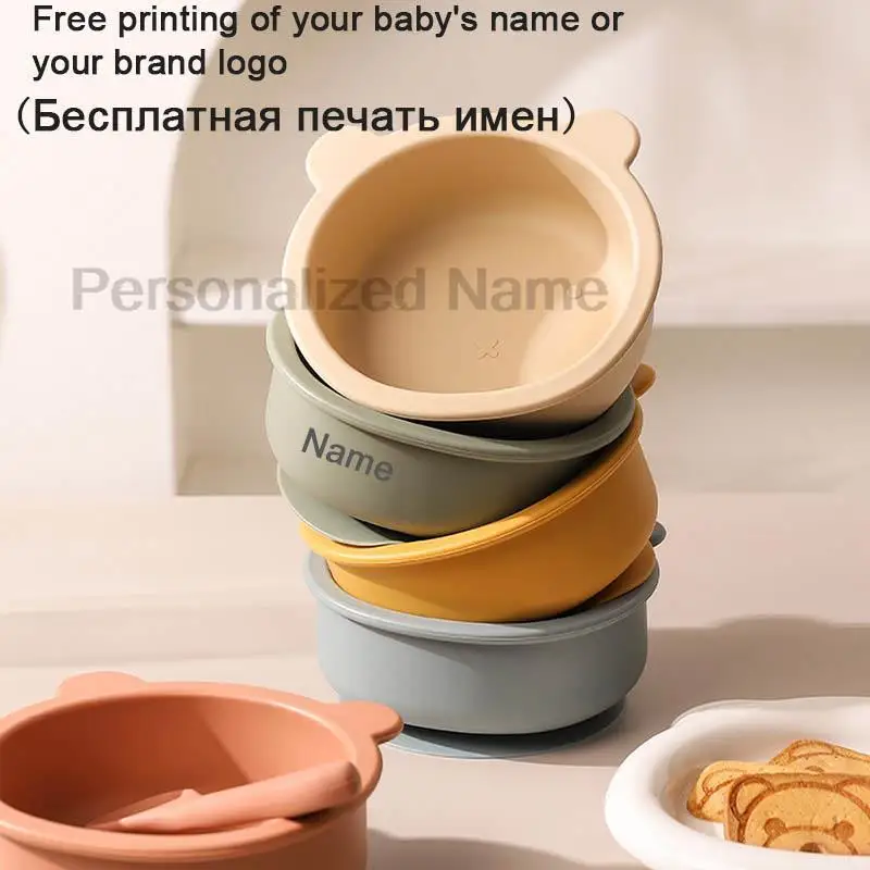 2Pcs Bear Bowl Spoon Baby Soft Silicone Sucker Bowl Plate Sets Children\'s FeedingTableware Personalized Name Snack Bowl BPA Free