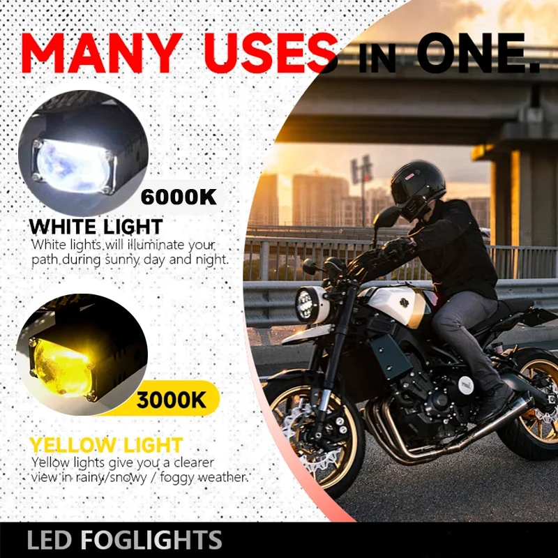 Car LED Auxiliary Headlight Spotlight Dual Color White Hi/Lo Beam Bright Driving Fog Light Waterproof Universal for Motorcycle