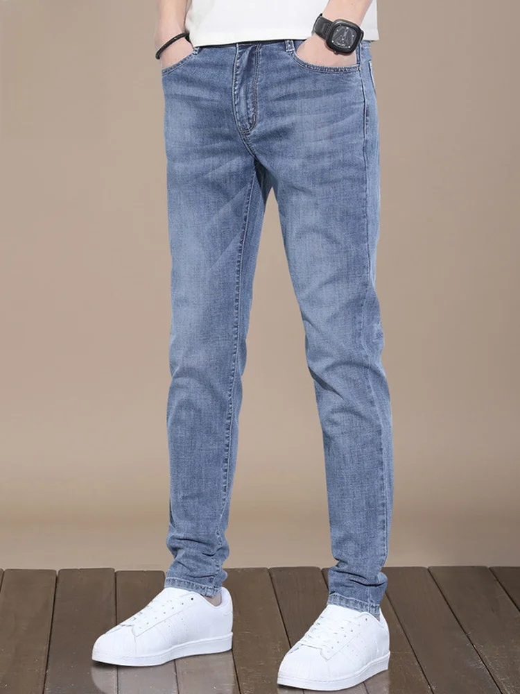 

Light Wa Jeans Men's Spring 2024 Trendy Slim Fit Casual Long Pants mid Waist Zipper Closure Cotton Polyester Blend