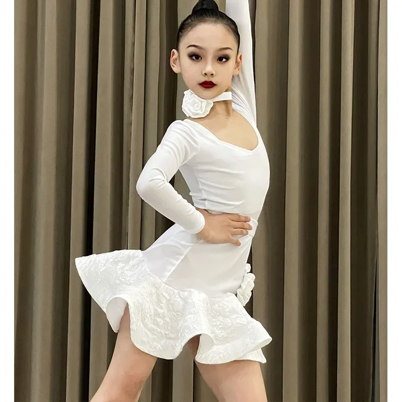2025 Autumn and Winter New Latin Dance Dress Children's Training Dress Girls Dance Dress White Simple Long-sleeved Suit