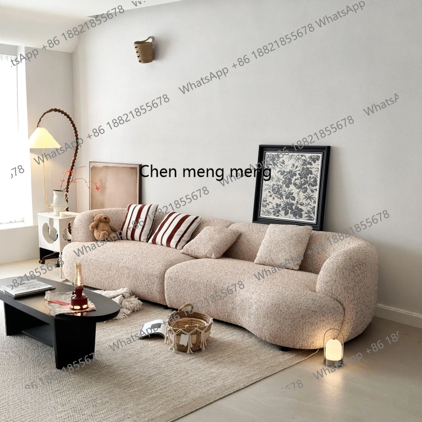

New, minimalist cotton and linen fabric sofa, living room size, straight row sofa