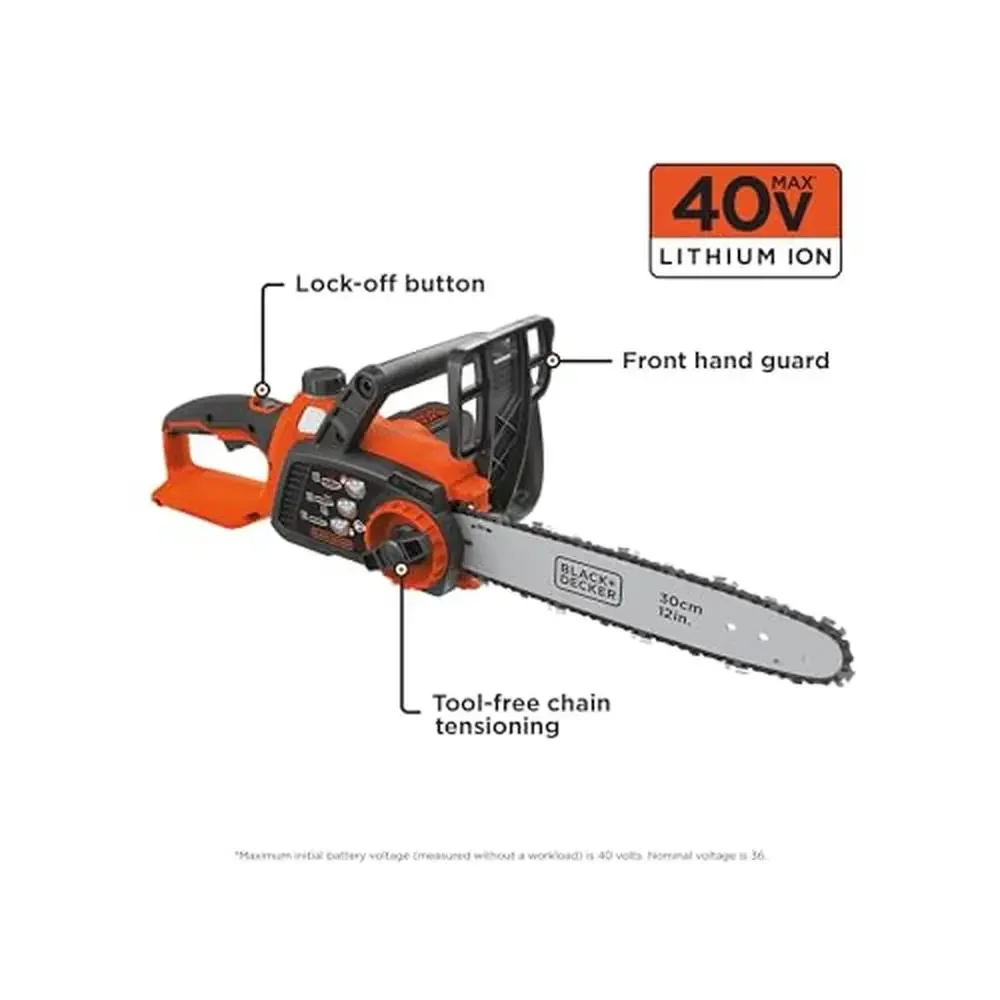 Electric Chainsaw 12-Inch 40V MAX Battery Smooth Cuts Oregon Low-Kickback Tool-Free Tensioning Safety Features Interchangeable