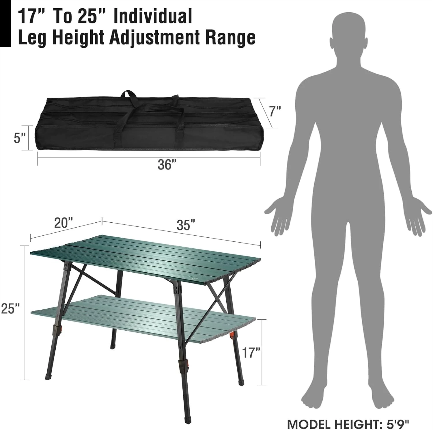 

Portable Camping Table with Adjustable Legs, Lightweight Aluminum Folding Beach Table with Carrying Bag for Outdoor Cooking