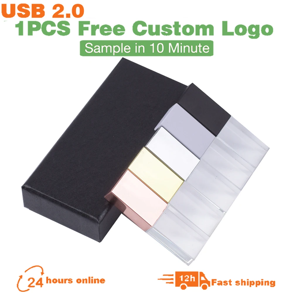 

JASTER New Creative Crystal USB 2.0 Flash Drive 128GB Free Customized Logo Memory Stick Black Box Pen Drive Photography Gift
