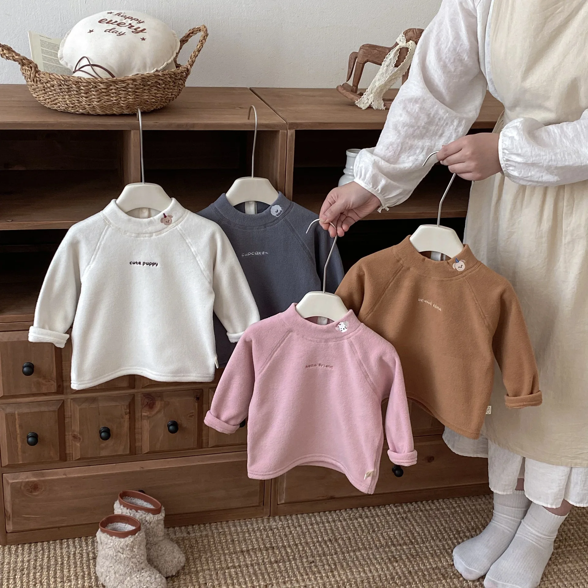 

2025 Kids Clothes Double - Sided Fleece Top Embroidered Cartoon Warm Basic Long Sleeve Mock Neck T - Shirt for Baby Boys Girls