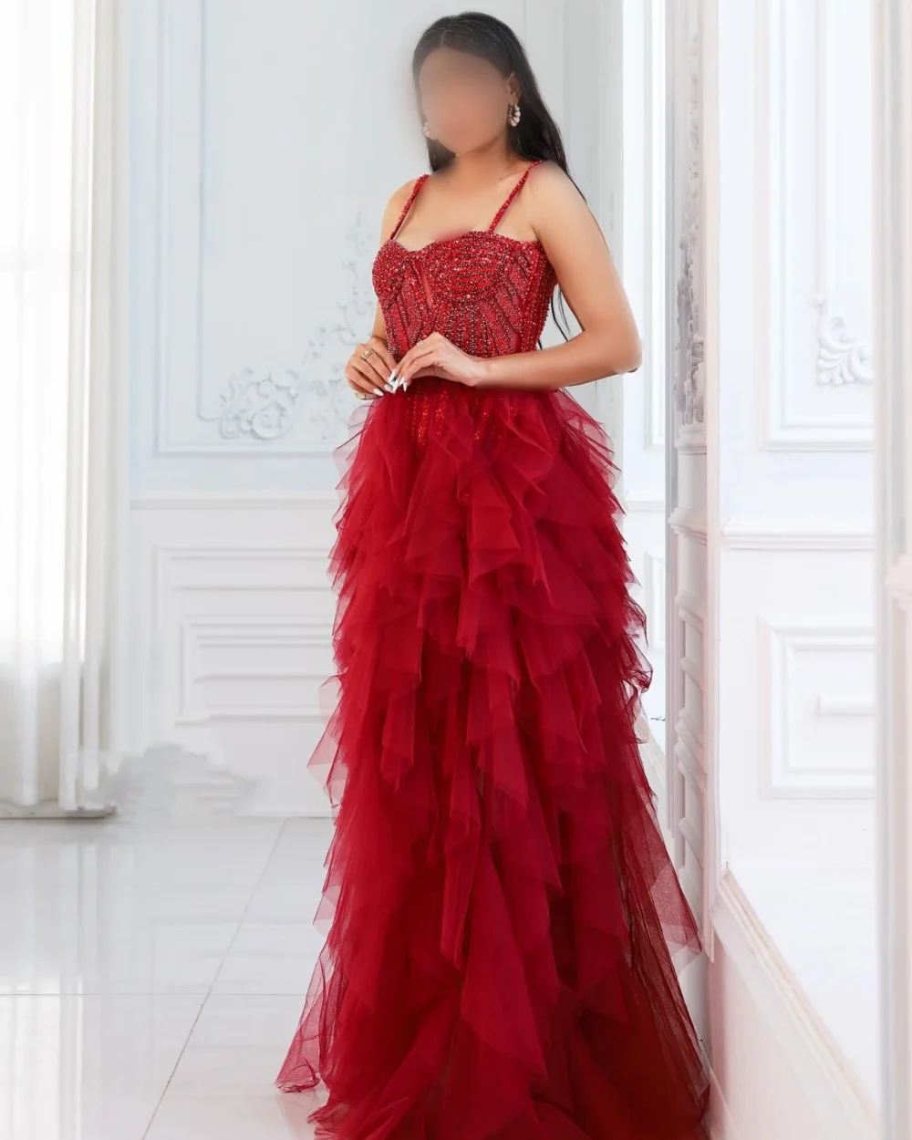 

Customized Modern Style Sexy Tulle Beading Tiered A-line Spaghetti strap Long Dresses Bespoke Occasion Dresses Intricate Classic