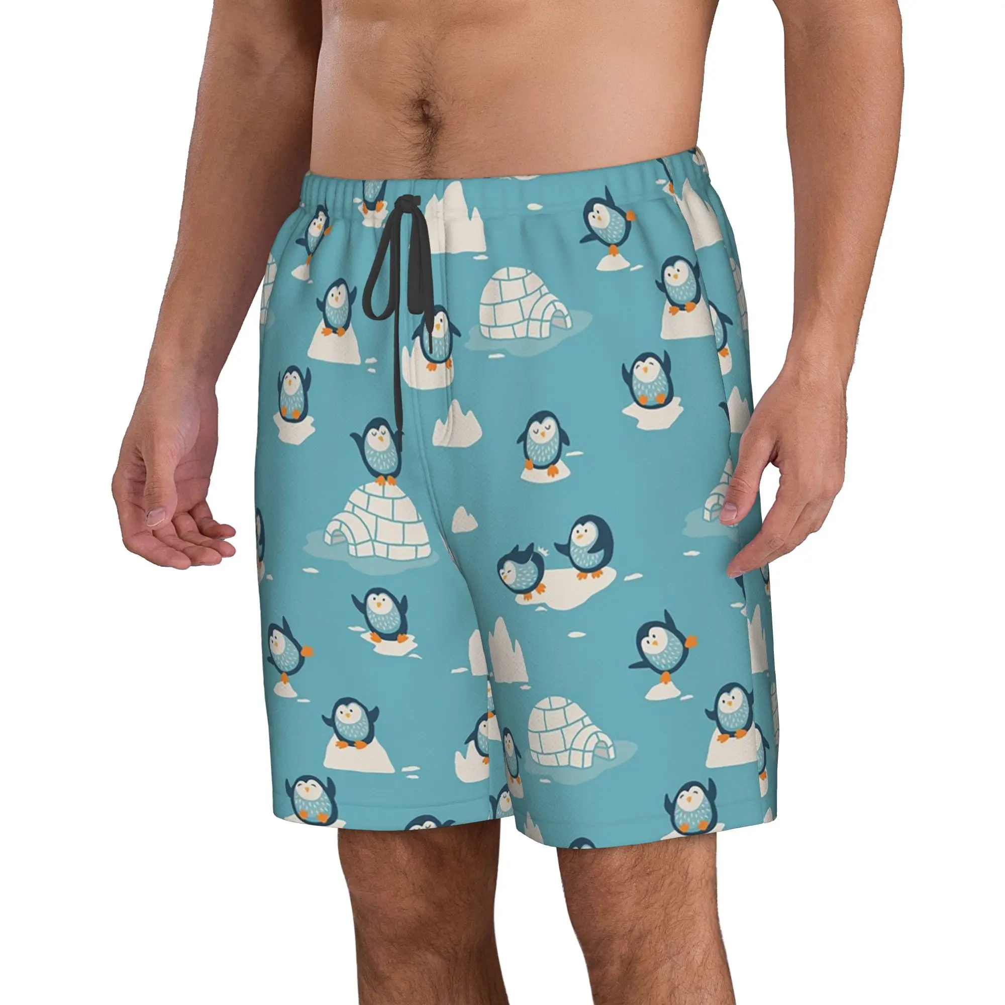 Polar Penguin Ice Surface Penguin Pattern Trunks Beach Board Shorts Casual Quick Dry Swimming Summer Men Pants