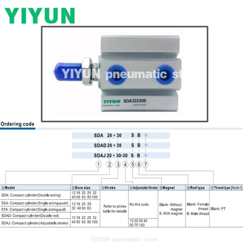 

SDA80, SDA100X5B/10B/15/20/25/30/35/40/45/50/60/70/80/90/100/110/120/130/150B,YIYUN, тонкий цилиндр стандартного типа, серия SDA
