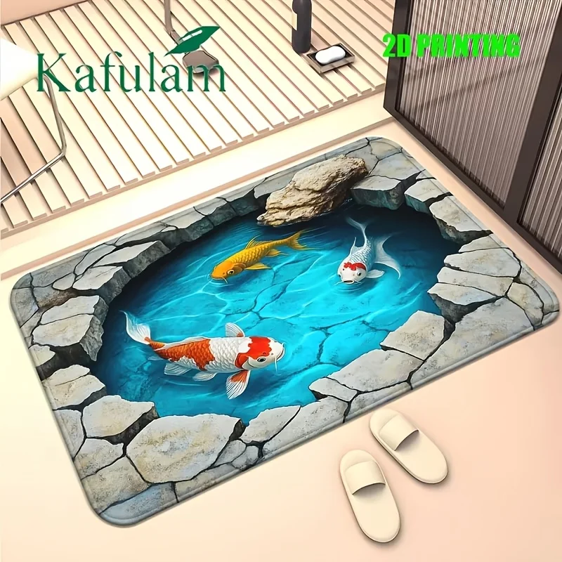 VIKAMA 3D Visual Koi Fish Pond Doormat Stone Edge Water Pool Print Non Slip Floor Mat For Bathroom Entryway Indoor Home Decor