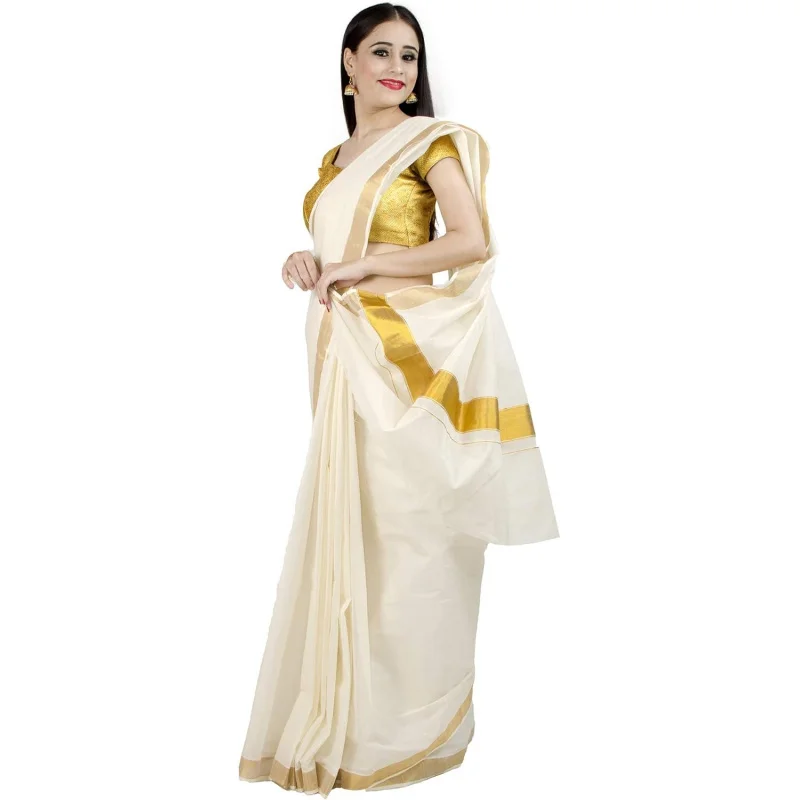

Kerala Kasavu Printed Saree for Women with Unstitched Blouse Piece Indian Wear (1371-P)