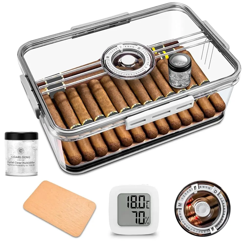 

Cigar Humidor Large Accommodate 50-60 Cigars, Built-in Cedar Wood Lining with High Precision Hygrometer and Humidifier Transp
