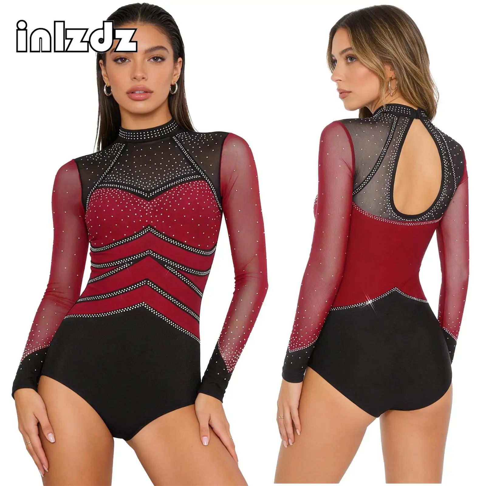 

Womens Acrobatics Gymnastic Skating Dance Rhinestone Bodysuit Mesh Long Sleeve Back Cutout Buttoned Crotch Rompers Jumpsuit