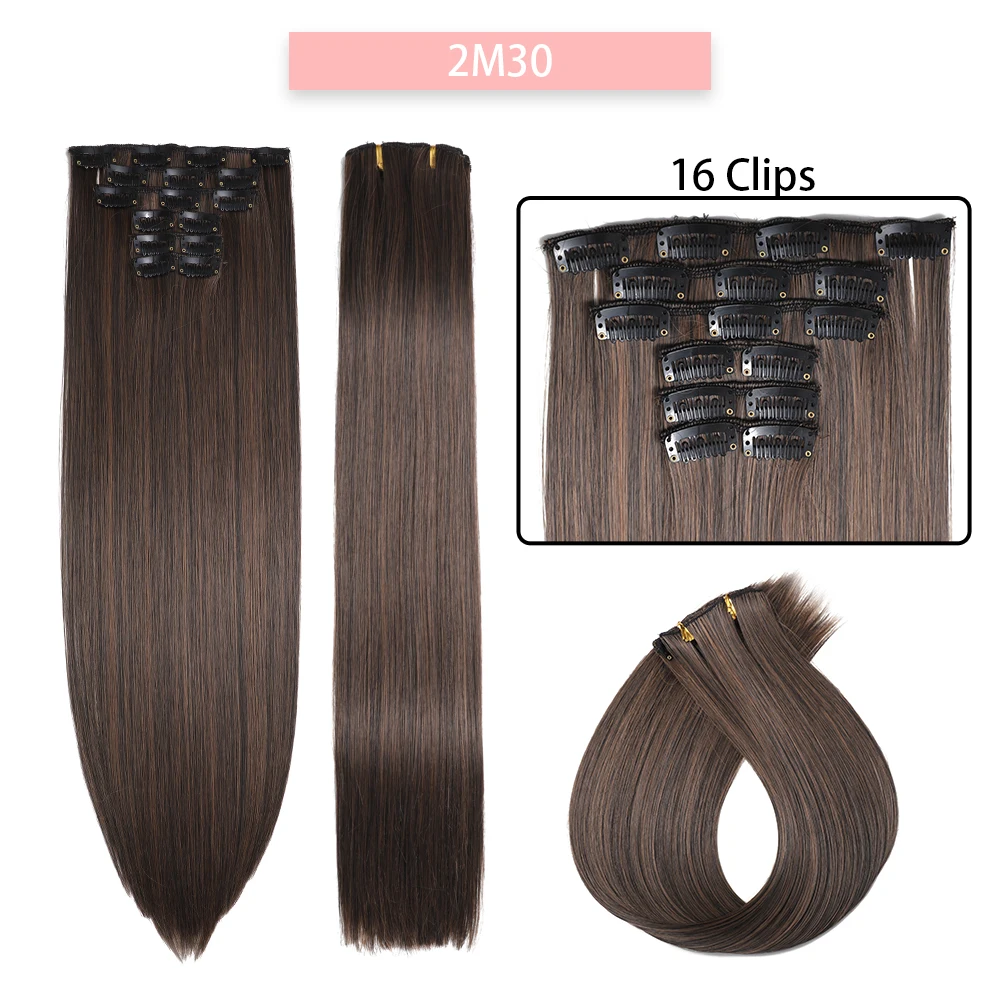 Extensiones de Cabello sintético para mujer, postizos largos y rectos, color rubio y negro, resistentes al calor, 24 pulgadas, 16 Clips, 6 unidades por juego