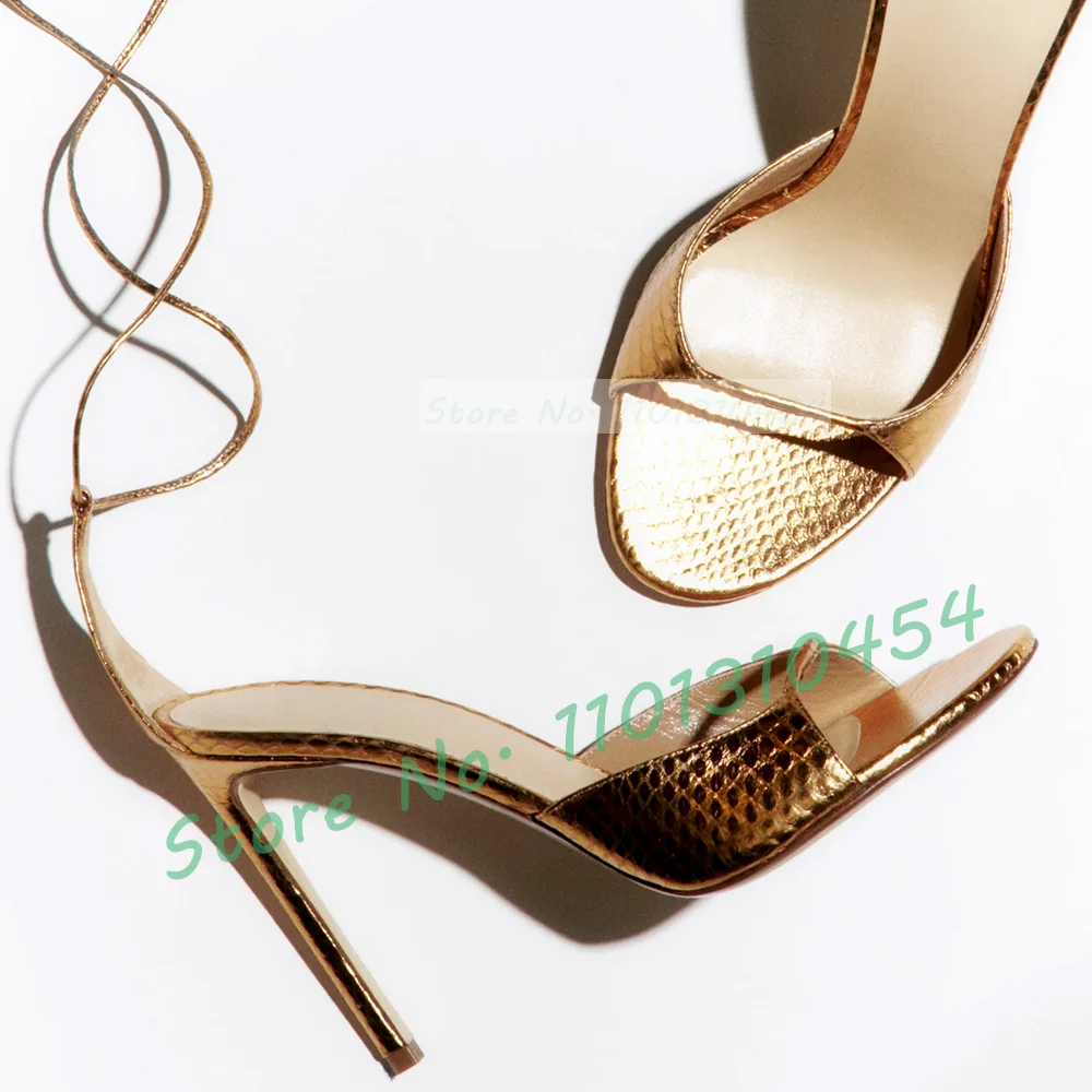 

Gold Snake Leather Sandals Women Delicate Wrap-around Straps Open Toe Shiny Shoes Summer Ladies Newest Slender Toe Strap Sandals