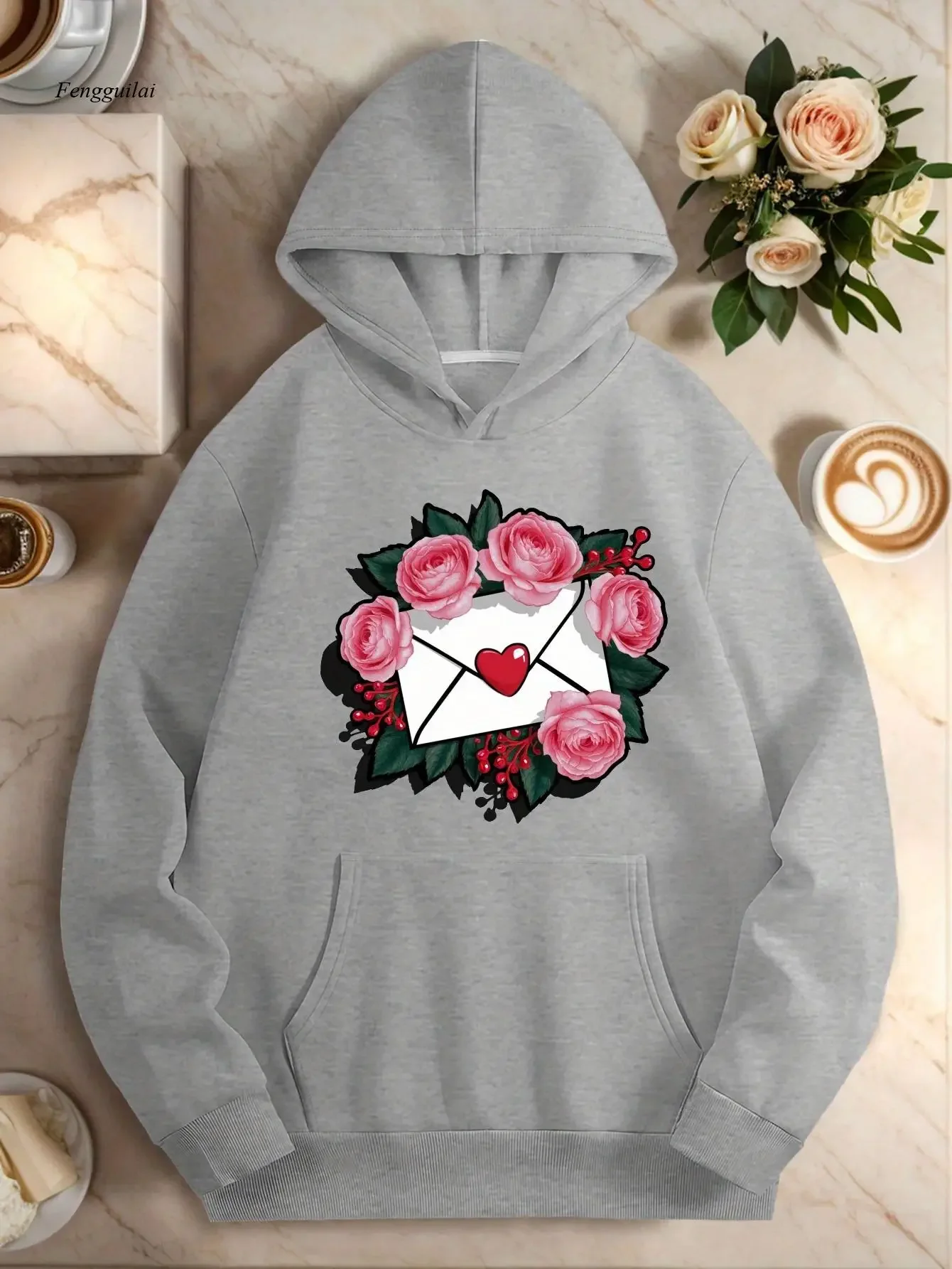 Casual Hoodies for Women in Plus Sizes Featuring A Heart-Sealed Rose Design Free Delivery Shipping Clothes Woman Cheap Clothes