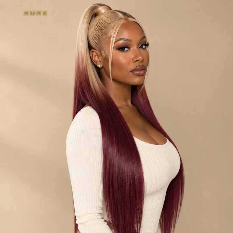 Smooth Champagne Burgundy Ombre Body Wave Wig Long Bleached Knots Voluminous Wear And Go Middle Part Shiny Glueless Colored