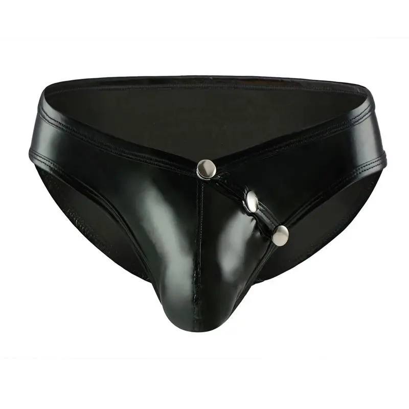 Faux Leather Men Briefs Underwear Sexy Side Button Open Penis Pouch Man Panties U Convex Low waist Erotic gay jockstrap Lingerie