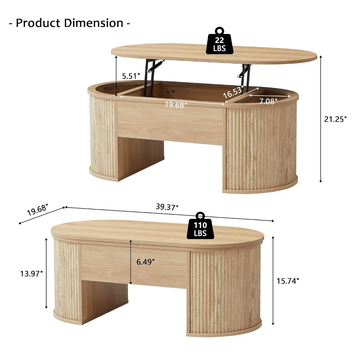 Fluted Coffee Table with Lifting Top, Oval Wood Lift Top Coffee Table with Hidden Compartment, Mid Century Pull up, Customized
