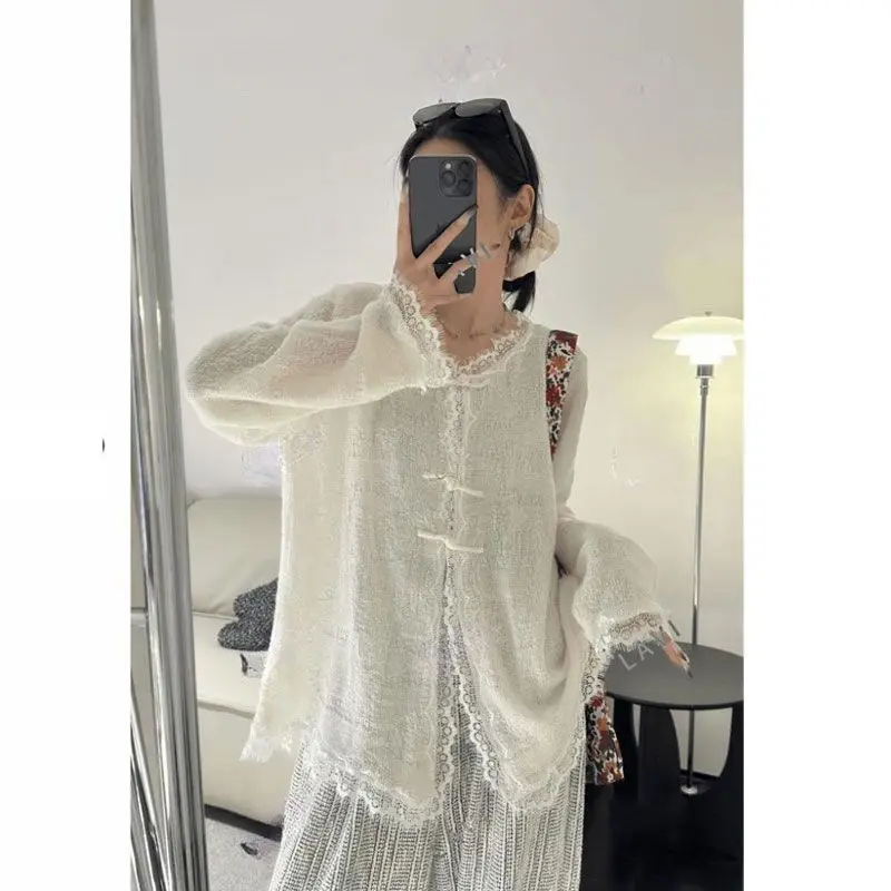 

Women Clothes Spring Autumn Fashion Korean Drawstring Solid Color Female Lace Patchwork Hollow Out Long Sleeve Knitting Cardigan