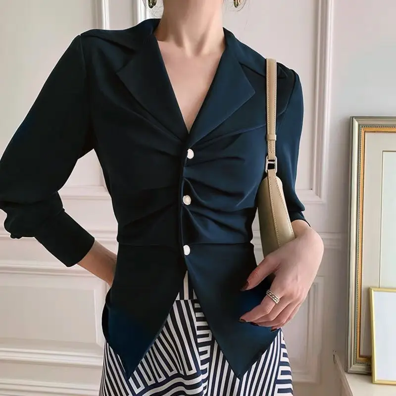 Chemise plissée à manches longues pour femmes, taille fine, conception de bouton de revers, style coréen élégant, mode de bureau pour dames