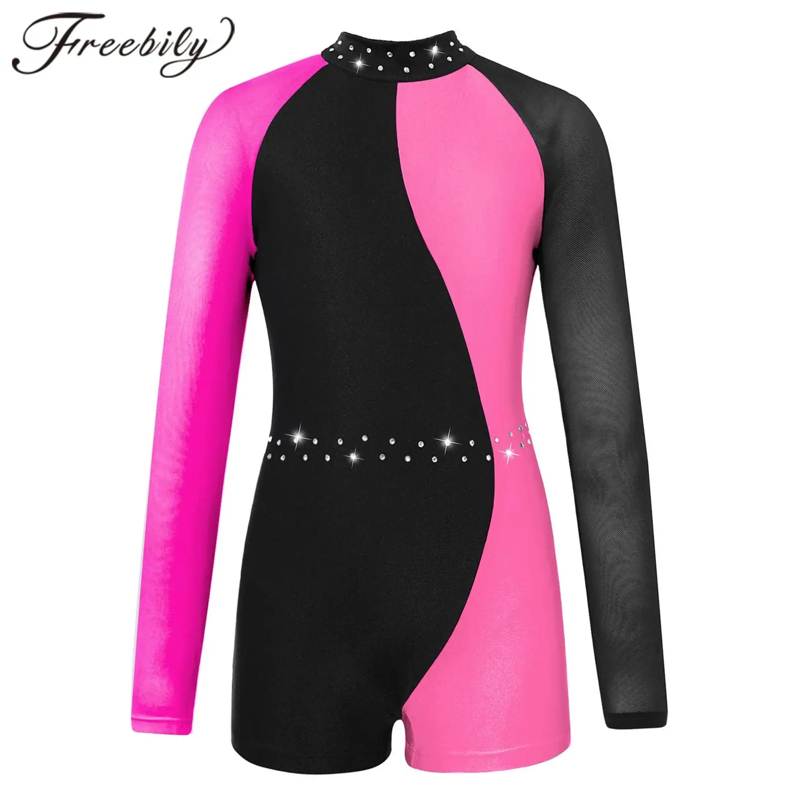 Kids Girls Gymanstics Jumpsuit for Girl Mesh Long Sleeve Ballet Dance Leotard Athletic Shorty Unitard Figure Skating Dancewear