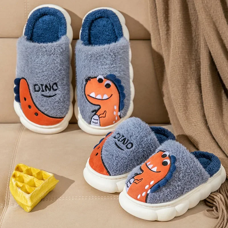 Winter Women Cotton Slippers Indoor House Men Women Couples Shoes Cute Cartoon Dinosaur Children Home Flat Casual Floor Slides