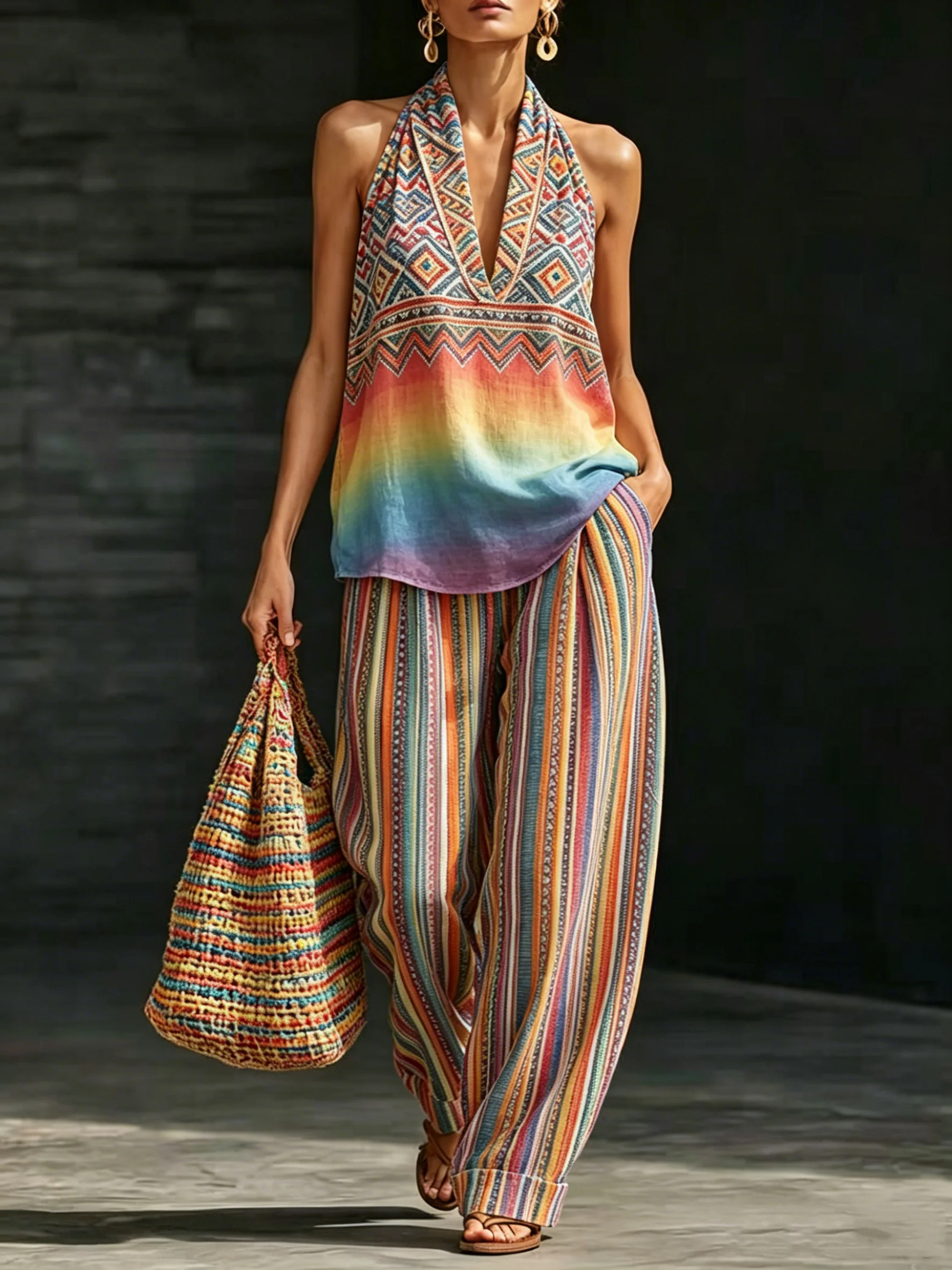 

Women's Casual Summer Two Piece Outfit Halter Sleeveless Top With Matching Palazzo Pants Set Rainbow Chevron Printed Clothes