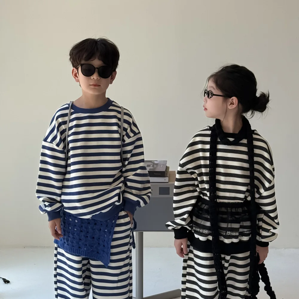 

2025 Autumn New Children Long Sleeve Clothes Set Boys Girls Striped Sweatshirt + Casual Pants 2pcs Suit Cotton Kids Outfits