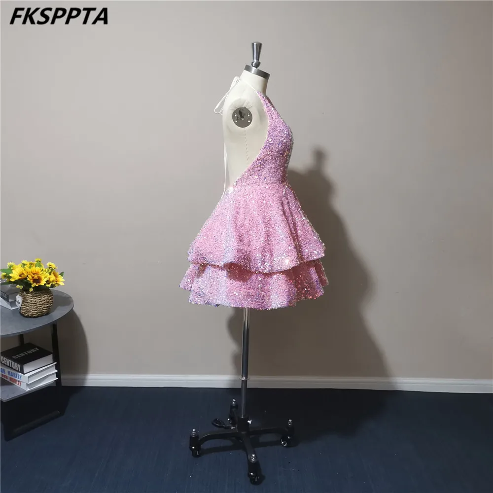 Vestidos De graduación cortos rosas sexys, falda escalonada con Espalda descubierta, lentejuelas estirables, vestidos De fiesta De cumpleaños para