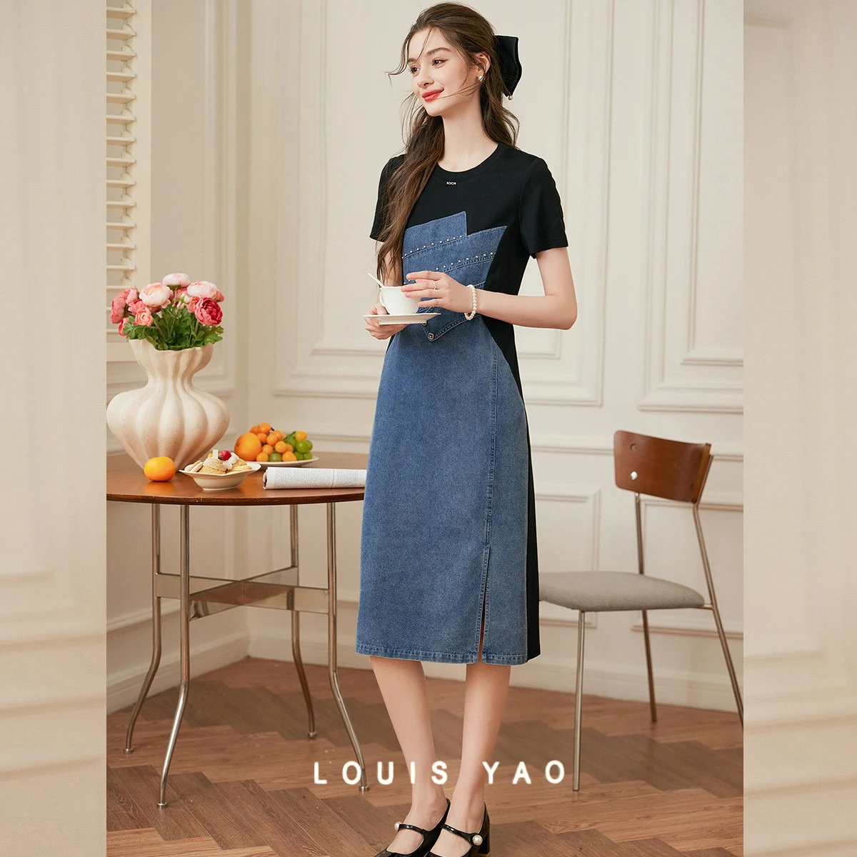 

Contrast Colours Splicing Women's Denim Dresses 2025 Summer Micro Stretch Round Neck Pullover Short Sleeve Long Dress