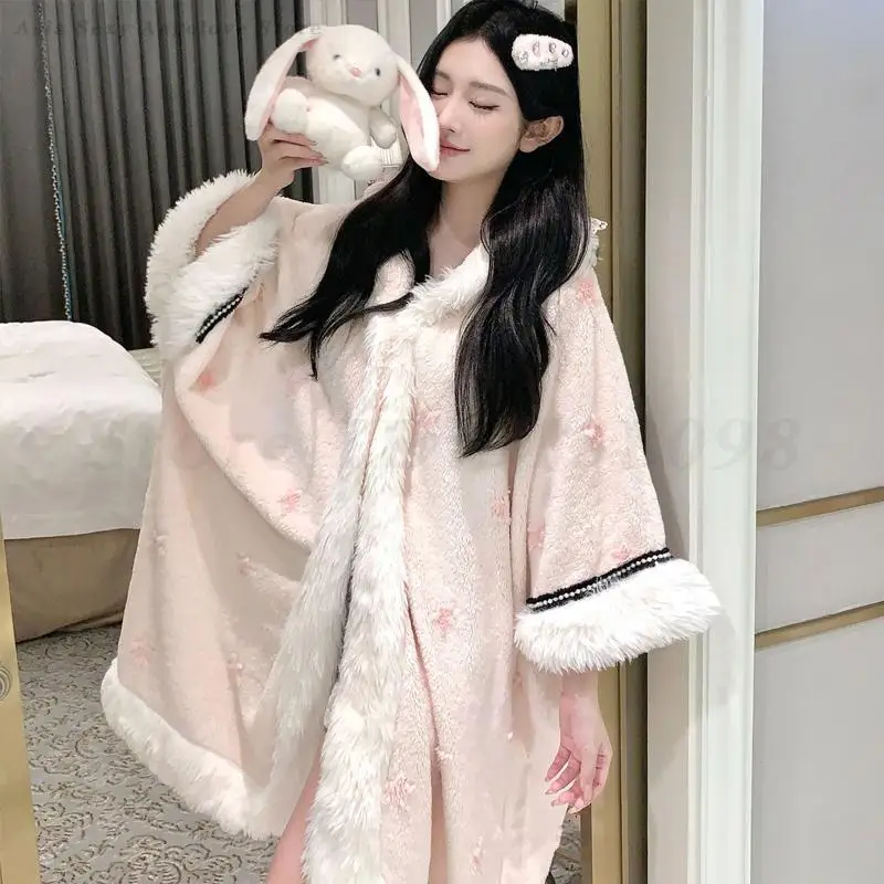 Sweet Cat Nightgown Thick Hooded Coral Fleece Cloak Sleepwear Winter Plush Robe Nightwear Exquisite Home Wear Flannel Loungewear