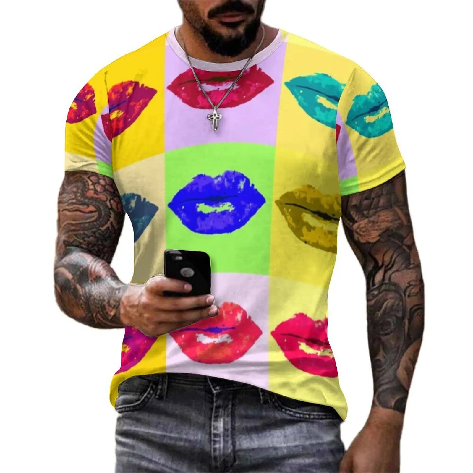 Pop Art Kiss T-Shirt Colorful Lips Print Hip Hop T-Shirts Male Kawaii Tee Shirt Summer Short-Sleeved Graphic Tees Plus Size 5XL