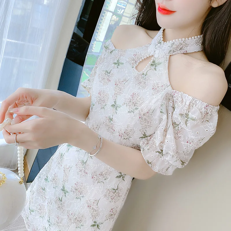 

FZSLCYIYI Young Girls Beaded Drop Collar Chinese Daily Cheongsam Sexy Shoulderless Short Sleeve Embroidery Chiffon Qipao Dress