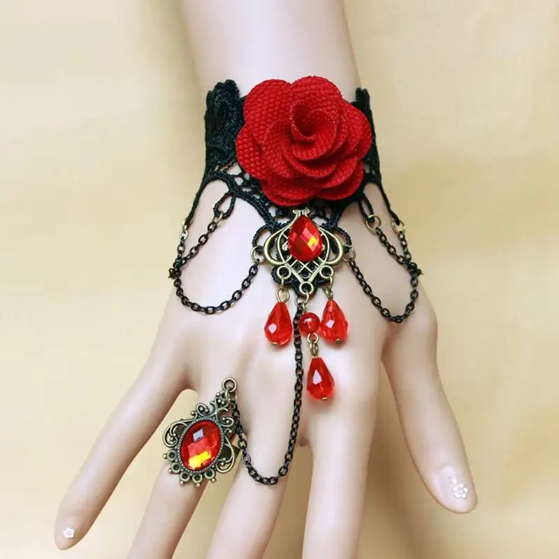 Hot Gothic Lace Bracelet Adjustable Red Rose Finger Ring Elegant Women Jewelry for Formal Evening Halloween Party