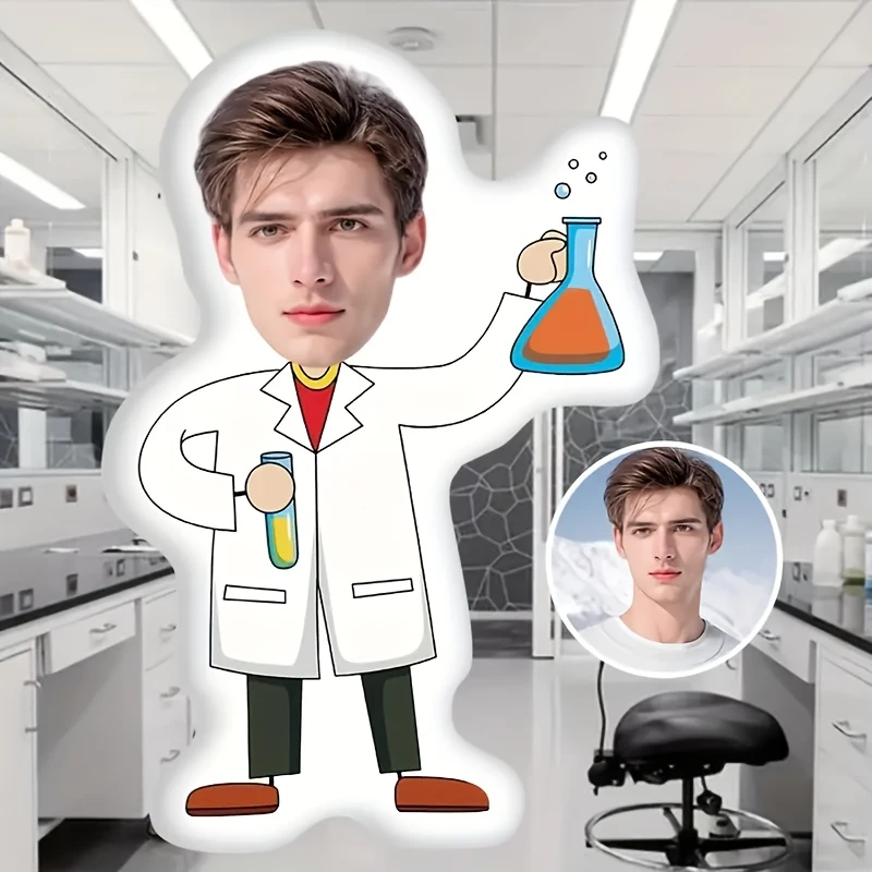 A Custom-made Professional Chemist Throw Pillow, Combining Personalized Face and Body Patterns with Double-sided Printing. Suita