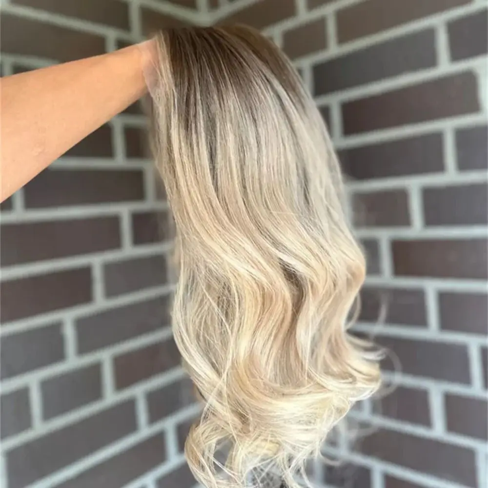 Natural Brown Roots Silver-Gold Blonde Hair Lace Front Wig Lightweight Feel for Natural Look High Heat Synthetic Wigs for Women