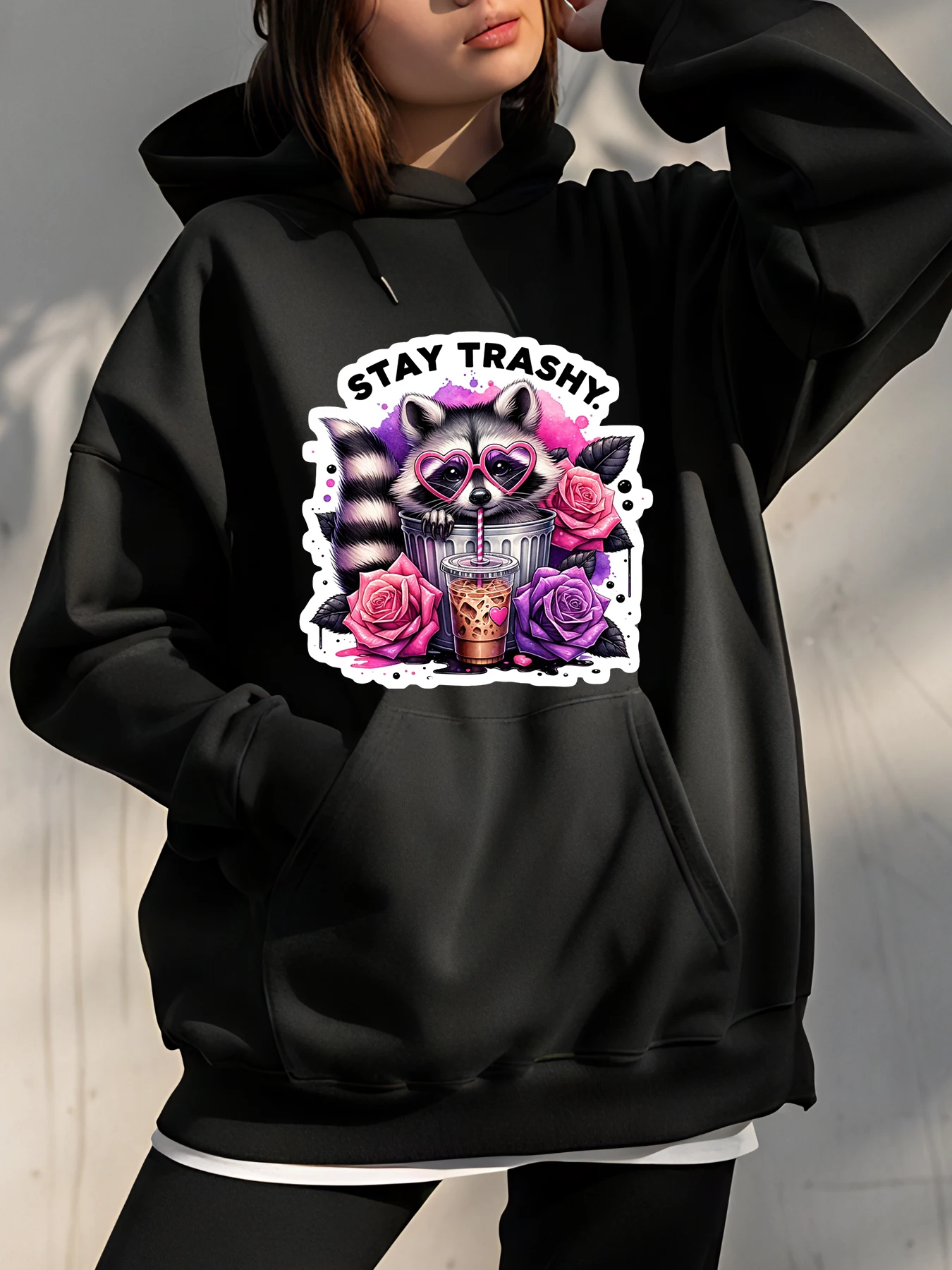 

Толстовка с принтом Racoon Stay Trashy, женская повседневная уличная одежда, модная одежда для девочек и женщин